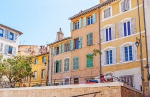 The colorful mediterranean houses of Traverse de la Madeleine in old Panier, the famous tourist neigborhood in Marseille, France.